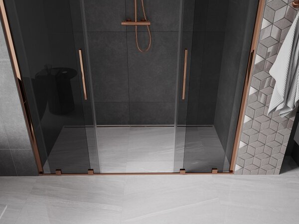 Mexen Velar Duo, posuvné sprchové dveře do otvoru 200 cm, 8mm šedé sklo, růžové zlato, 871-200-000-42-60