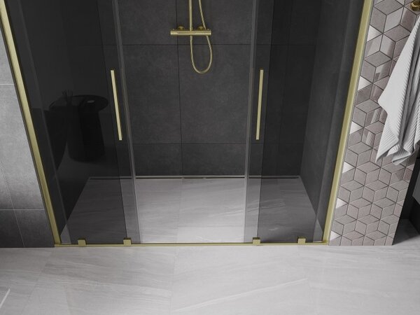 Mexen Velar Duo, posuvné sprchové dveře do otvoru 170 cm, 8mm šedé sklo, zlatá matná, 871-170-000-42-55