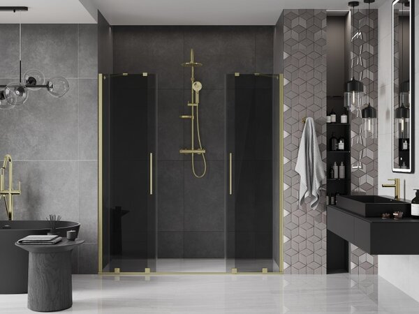 Mexen Velar Duo, posuvné sprchové dveře do otvoru 170 cm, 8mm šedé sklo, zlatá matná, 871-170-000-42-55