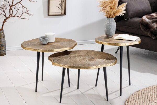 Designová art deco sada tří konferenčních stolků Fabiosa se vzorem letokruhů ve zlaté a černé barvě 49 cm