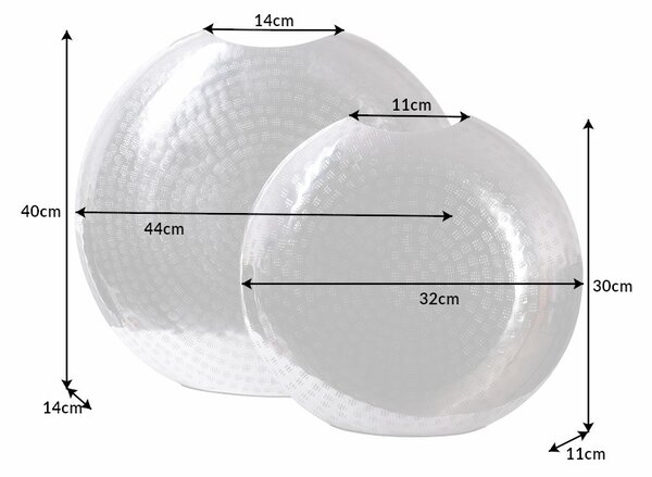 Designová orientální sada plochých kulatých váza Konstantino s kovaným zdobením ve stříbrné barvě 44 cm