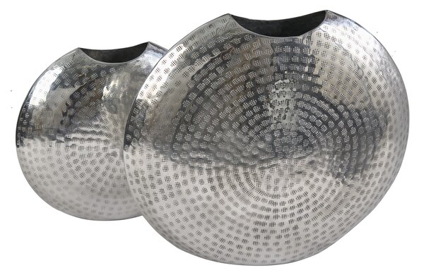 Designová orientální sada plochých kulatých váza Konstantino s kovaným zdobením ve stříbrné barvě 44 cm