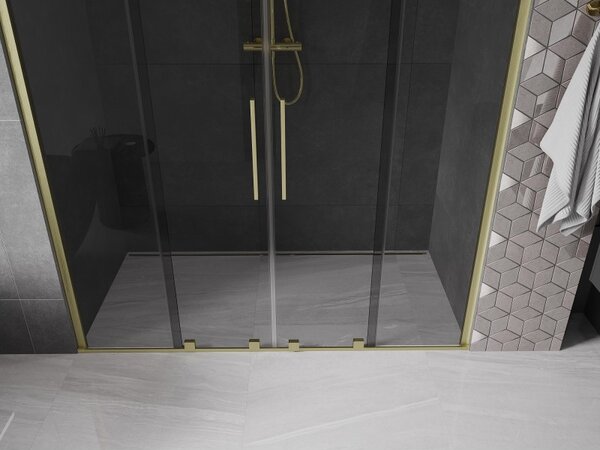 Mexen Velar Duo, posuvné sprchové dveře do otvoru 170 cm, 8mm šedé sklo, zlatá matná, 871-170-000-42-55