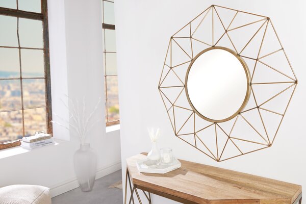 Designové kulaté art deco zrcadlo Xoia s kovovým rámem s diamantovým designem v matné zlaté barvě 80 cm