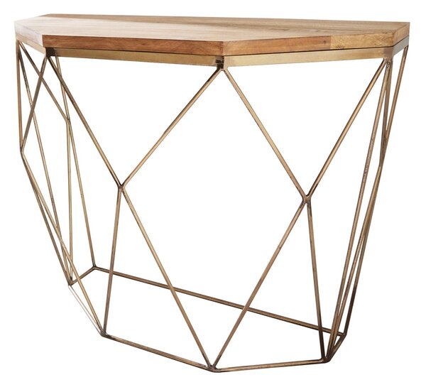 Designový art deco konzolový stolek Xoia se zlatou podstavou s diamantovým vzorem a hnědou dřevěnou deskou 75 cm
