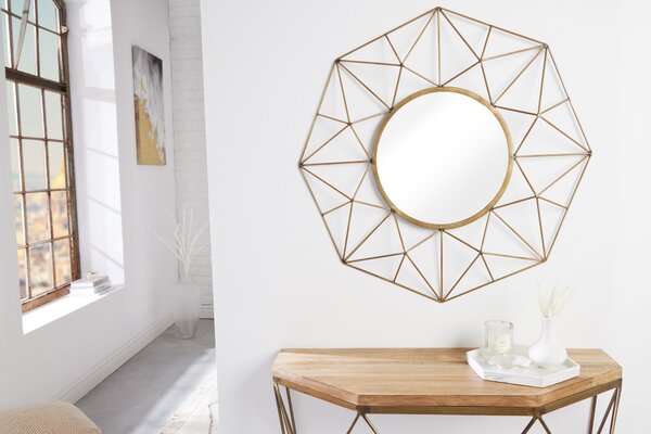 Designové kulaté art deco zrcadlo Xoia s kovovým rámem s diamantovým designem v matné zlaté barvě 80 cm