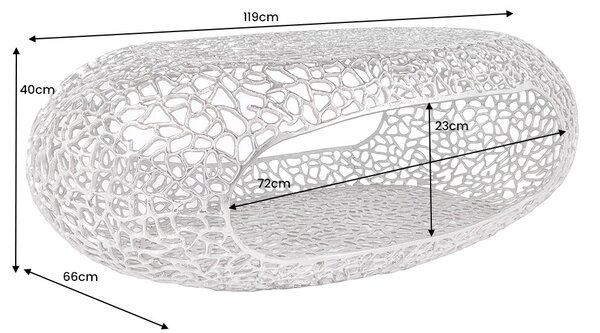 Moderní stříbrný oválný konferenční stolek Hoja s úložným prostorem a abstraktním designem 120 cm