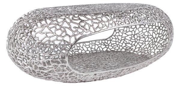 Moderní stříbrný oválný konferenční stolek Hoja s úložným prostorem a abstraktním designem 120 cm