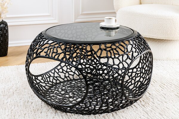 Moderní designový černý kulatý konferenční stolek Hoja s kulatou kovovou podstavou s úložným prostorem 40 cm