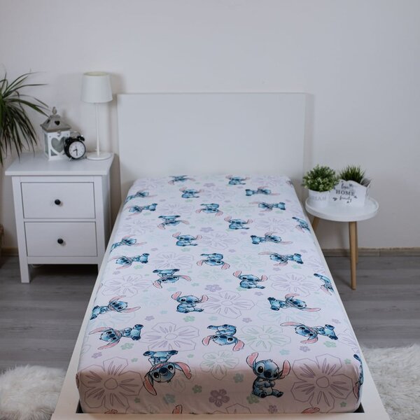 Bílé napínací bavlněné dětské prostěradlo na jednolůžko 90x200 cm Lilo and Stitch "Ohana White" – Jerry Fabrics