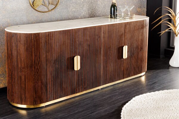Luxusní art deco oválný čtyřdveřový příborník Gatsby z mangového dřeva s mramorovou vrchní deskou hnědá bílá 180 cm