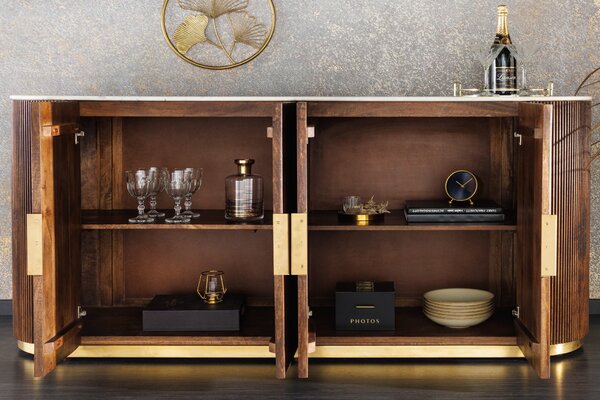 Luxusní art deco oválný čtyřdveřový příborník Gatsby z mangového dřeva s mramorovou vrchní deskou hnědá bílá 180 cm