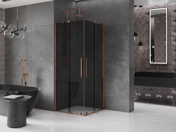 Mexen Velar Duo, sprchový kout s posuvnými dveřmi 100 x 100 cm, 8mm šedé sklo, růžové zlato, 871-100-100-42-60