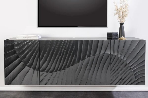 Stylový čtyřdvířkový černý masivní art deco tv stolek Cumbria s 3D vzorem a dvěma poličkami 180 cm