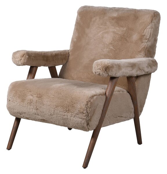 Luxusní retro čalouněné křeslo Fluffy s kožešinovým potahem ve světle hnědé barvě s tmavým hnědým dubovým rámem 74 cm