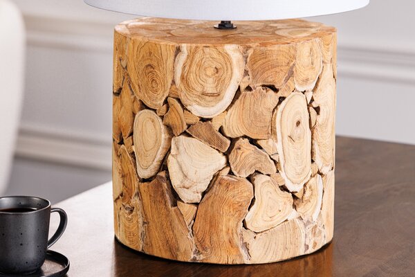 Designová masivní stolní lampa Egura s dřevěnou hnědou podstavou a kulatým bílým stínítkem 45 cm