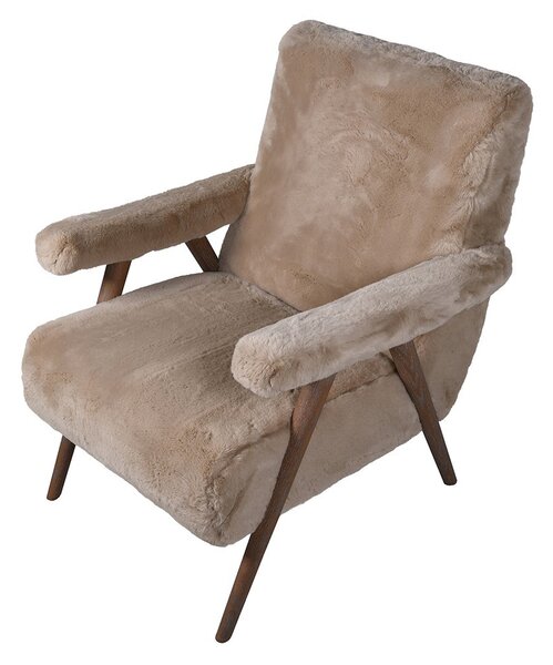 Luxusní retro čalouněné křeslo Fluffy s kožešinovým potahem ve světle hnědé barvě s tmavým hnědým dubovým rámem 74 cm