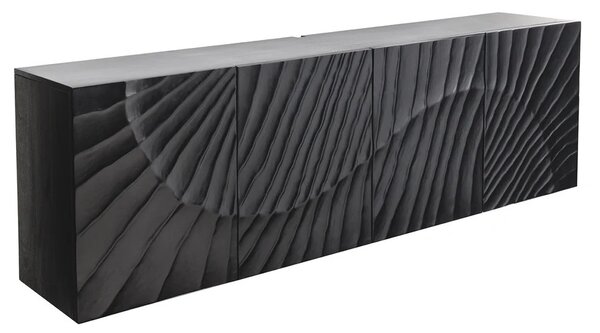 Stylový čtyřdvířkový černý masivní art deco tv stolek Cumbria s 3D vzorem a dvěma poličkami 180 cm