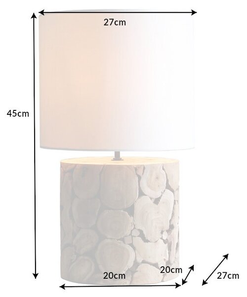 Designová masivní stolní lampa Egura s dřevěnou hnědou podstavou a kulatým bílým stínítkem 45 cm