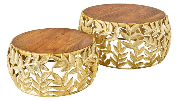 Zlatá glamour sada dvou kulatých konferenčních stolků Basoa s podstavou s designem listů a dřevěnou deskou 68 cm