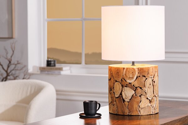 Designová masivní stolní lampa Egura s dřevěnou hnědou podstavou a kulatým bílým stínítkem 45 cm