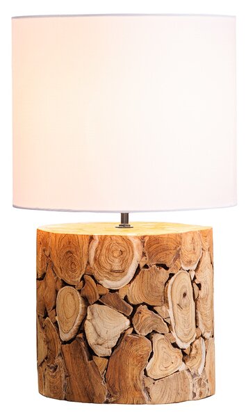 Designová masivní stolní lampa Egura s dřevěnou hnědou podstavou a kulatým bílým stínítkem 45 cm