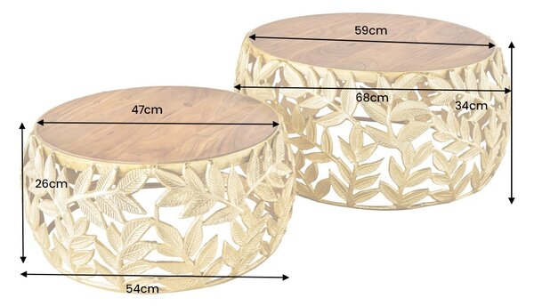 Zlatá glamour sada dvou kulatých konferenčních stolků Basoa s podstavou s designem listů a dřevěnou deskou 68 cm