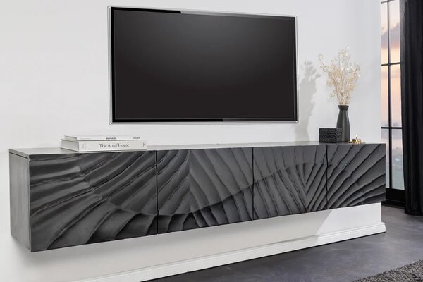 Designový čtyřdveřový etno černý tv stolek Cumbria s reliéfním vyřezáváním z masivního mangového dřeva 200 cm