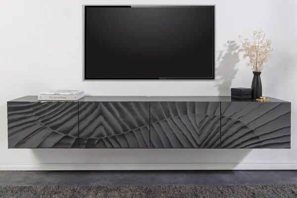 Designový čtyřdveřový etno černý tv stolek Cumbria s reliéfním vyřezáváním z masivního mangového dřeva 200 cm