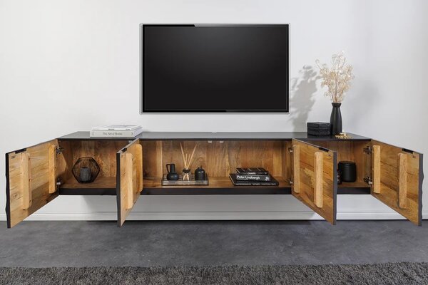 Designový čtyřdveřový etno černý tv stolek Cumbria s reliéfním vyřezáváním z masivního mangového dřeva 200 cm