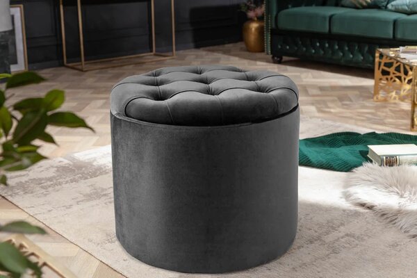 Designová tmavá šedá taburetka Modern Barock kulatého tvaru v glamour stylu se sametovým potahem s úložným prostorem 50cm