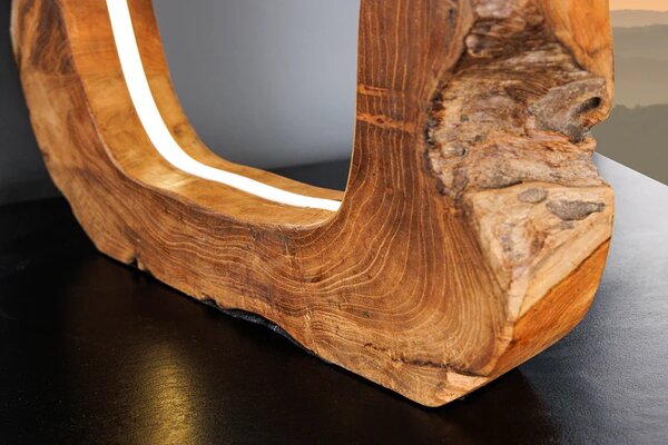 Designová masivní stolní lampa Faustion z teakového dřeva v naturální hnědé barvě s LED pásem 48 cm