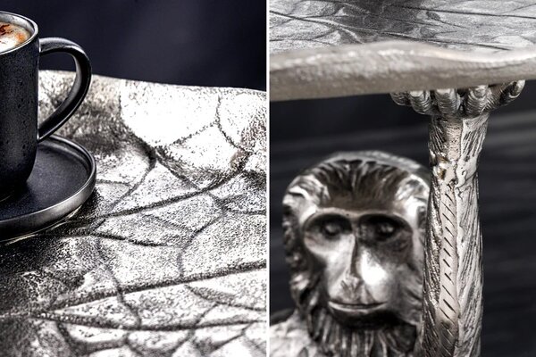Stylový art deco stříbrný příruční stolek Monkey z kovu se zvířecími motivy v podobě dopisu a opice 55 cm