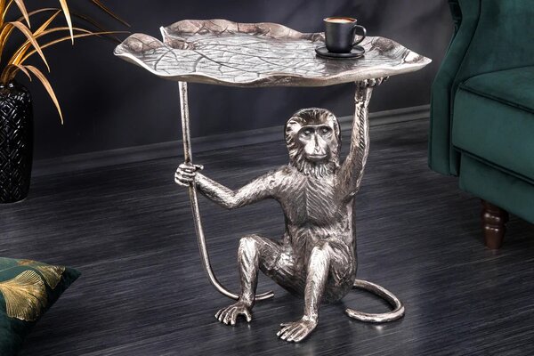 Stylový art deco stříbrný příruční stolek Monkey z kovu se zvířecími motivy v podobě dopisu a opice 55 cm