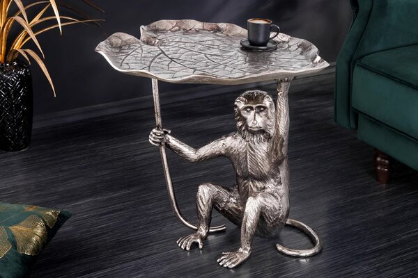 Stylový art deco stříbrný příruční stolek Monkey z kovu se zvířecími motivy v podobě dopisu a opice 55 cm