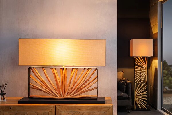 Moderní designová stolní lampa Adduro s černou kovovou podstavou s naturálním dřevěným prvkem a béžovým stínítkem 60 cm