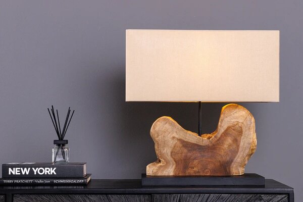 Designová masivní stolní lampa Hypnotic s podstavou z naturálního hnědého teakového dřeva a kovu s béžovým stínítkem 50 cm