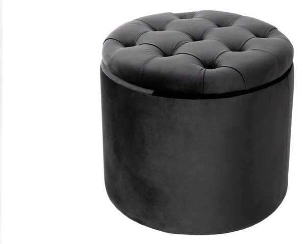 Designová tmavá šedá taburetka Modern Barock kulatého tvaru v glamour stylu se sametovým potahem s úložným prostorem 50cm