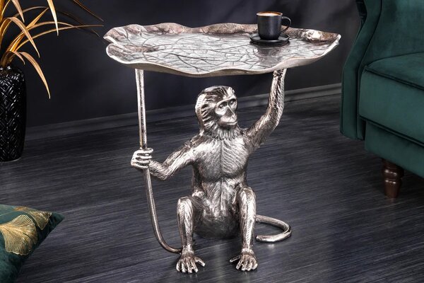 Stylový art deco stříbrný příruční stolek Monkey z kovu se zvířecími motivy v podobě dopisu a opice 55 cm