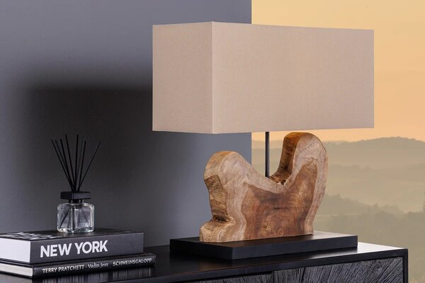 Designová masivní stolní lampa Hypnotic s podstavou z naturálního hnědého teakového dřeva a kovu s béžovým stínítkem 50 cm