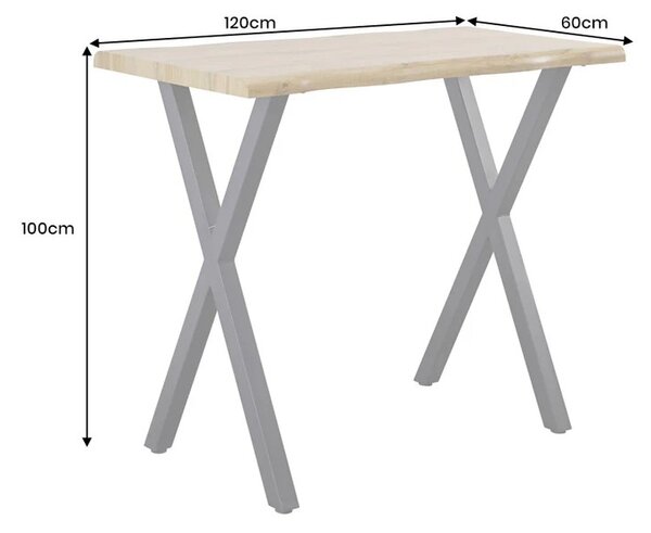 Industriální obdélníkový barový stůl Wild s dřevěnou deskou v hnědé barvě s překříženými kovovými černými nožičkami 120 cm