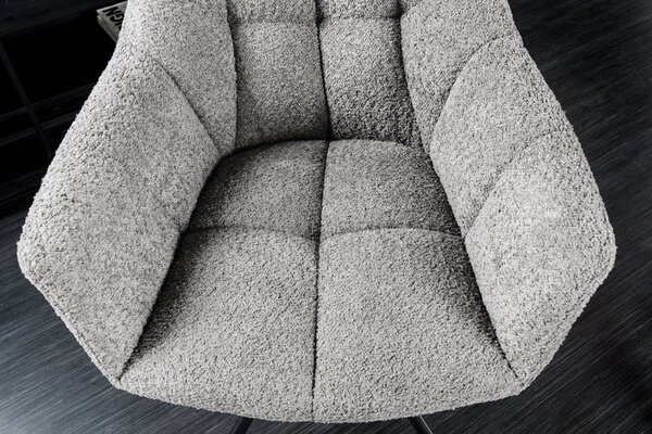 Stylová bouclé otočná jídelní židle Mariposa v šedé barvě s černými kovovými nožičkami 83 cm