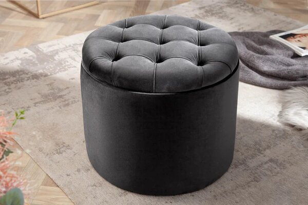 Designová tmavá šedá taburetka Modern Barock kulatého tvaru v glamour stylu se sametovým potahem s úložným prostorem 50cm