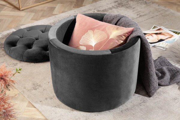 Designová tmavá šedá taburetka Modern Barock kulatého tvaru v glamour stylu se sametovým potahem s úložným prostorem 50cm