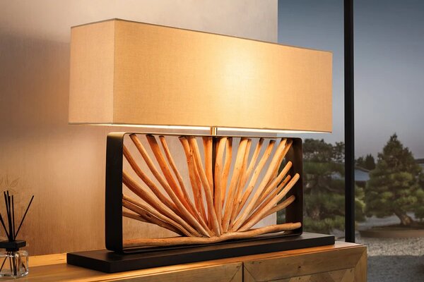 Moderní designová stolní lampa Adduro s černou kovovou podstavou s naturálním dřevěným prvkem a béžovým stínítkem 60 cm