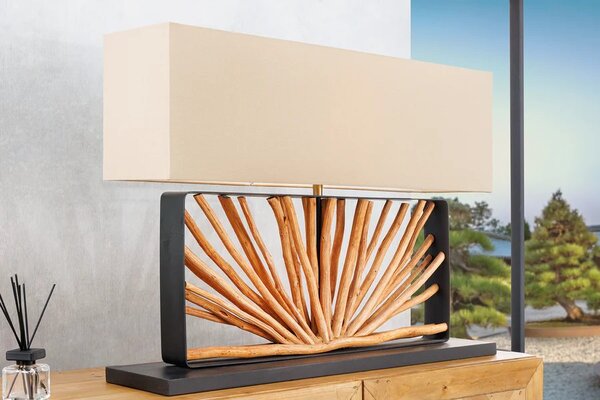 Moderní designová stolní lampa Adduro s černou kovovou podstavou s naturálním dřevěným prvkem a béžovým stínítkem 60 cm