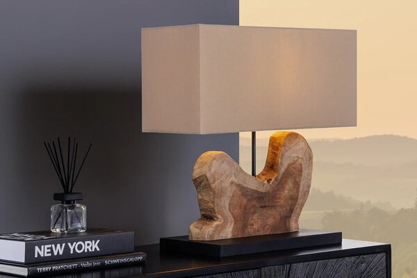 Designová masivní stolní lampa Hypnotic s podstavou z naturálního hnědého teakového dřeva a kovu s béžovým stínítkem 50 cm