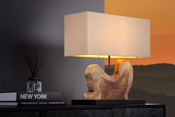 Designová masivní stolní lampa Hypnotic s podstavou z naturálního hnědého teakového dřeva a kovu s béžovým stínítkem 50 cm
