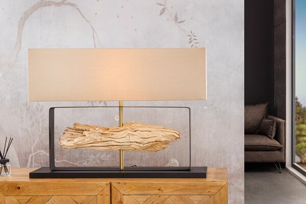 Designová moderní stolní lampa Rousilique s béžovým stínítkem a černou kovovou podstavou s prvkem z naplaveného dřeva 62 cm