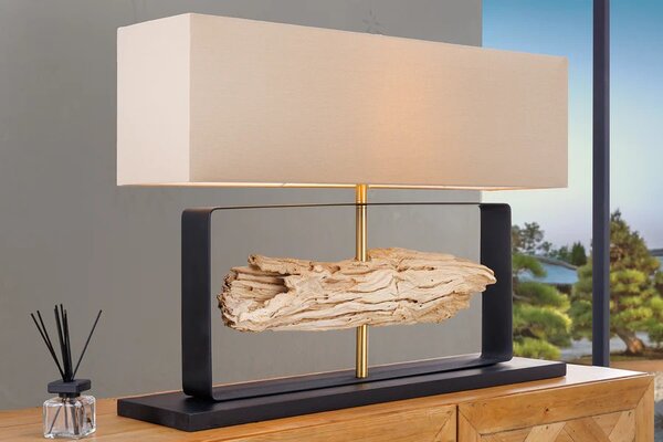 Designová moderní stolní lampa Rousilique s béžovým stínítkem a černou kovovou podstavou s prvkem z naplaveného dřeva 62 cm